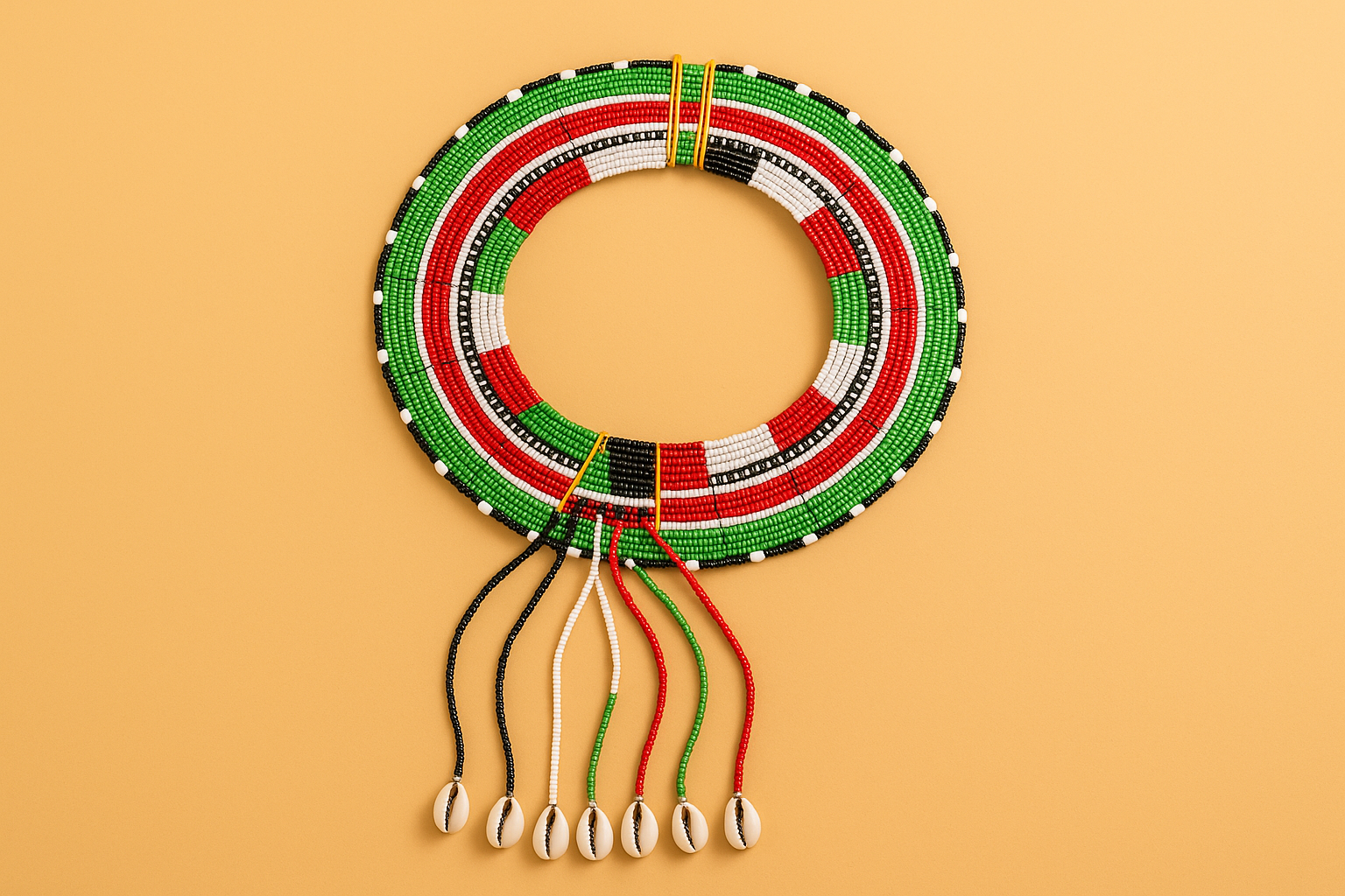 Traditional Pokot beaded necklace in red, green, black, and white with cowrie shells, displayed on a warm beige background.